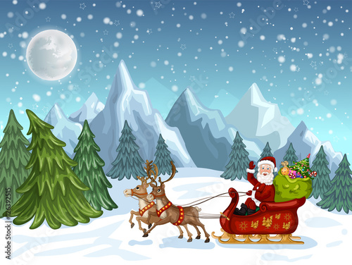 Merry Christmas Card .Illustration of a funny cartoon Santa Claus 
