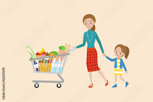 Mom pushing a shopping cart full of groceries with daughter.
