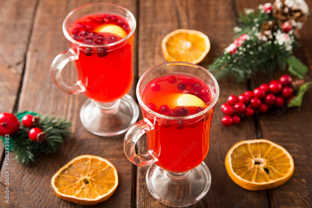 Christmas card. hot spicy Christmas drink of cranberry and spice