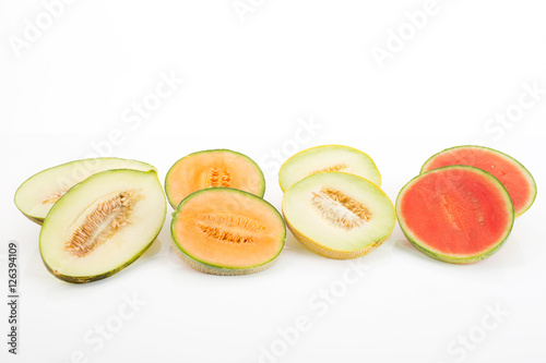 Melonen, Wassermelone, Galia, Futuro, Cantaloupe, aufgeschnitten