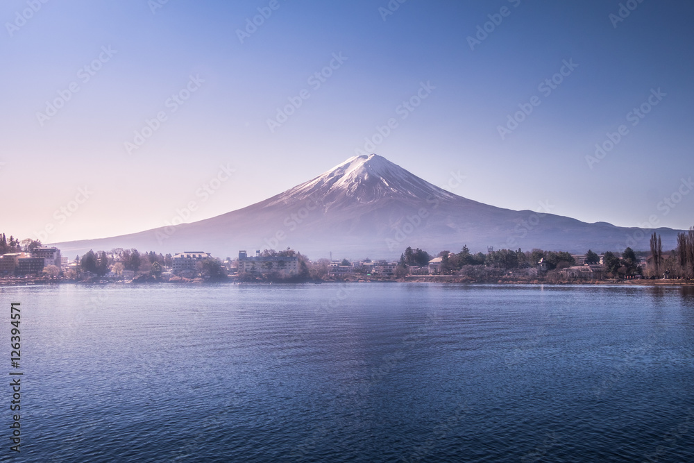 Mt.Fuji and lake Kawaguchiko, The lake is located in the border Fujikawaguchiko and Minobu, southern Yamanashi Prefecture near Mount Fuji, Japan