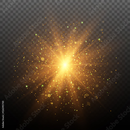 Light effect. Star burst with sparkles. Gold glitter texture