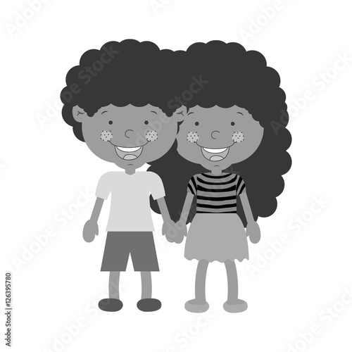 monochrome couple of children taken from the hand with curly hair vector illustration