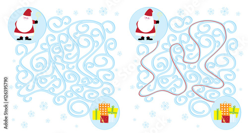 Święty Mikołaj i prezenty / łatwy labirynt dla dzieci ,rozwiązanie