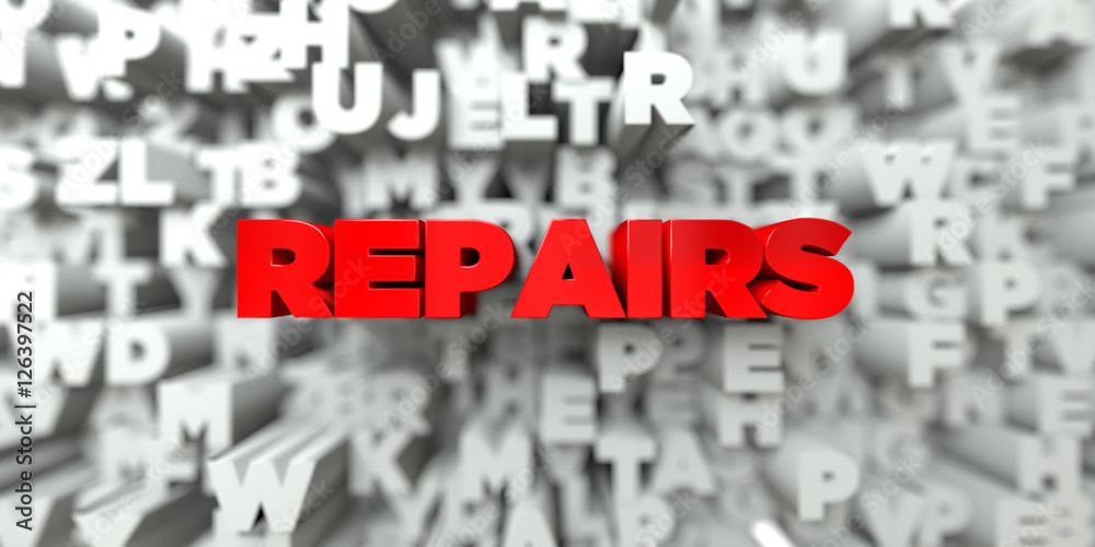 REPAIRS -  Red text on typography background - 3D rendered royalty free stock image. This image can be used for an online website banner ad or a print postcard.