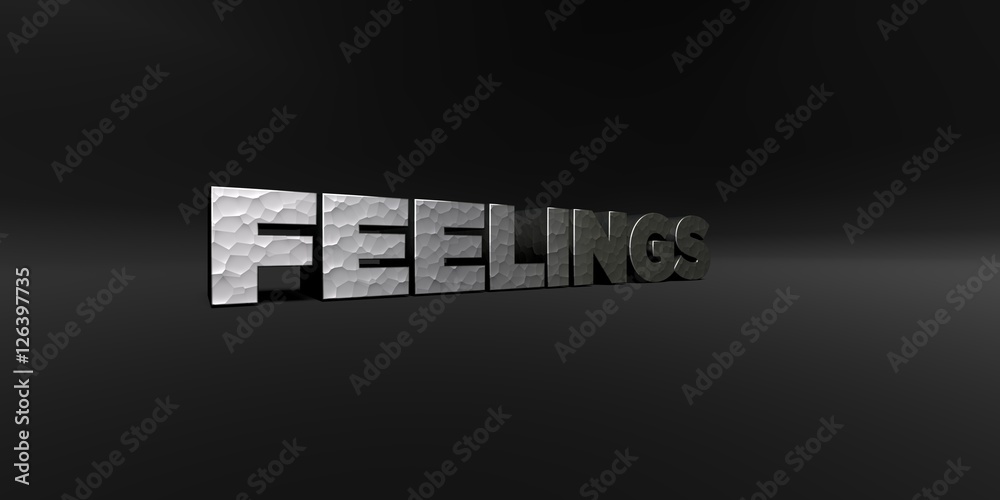 FEELINGS - hammered metal finish text on black studio - 3D rendered royalty free stock photo. This image can be used for an online website banner ad or a print postcard.