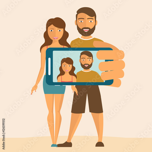 Selfie, young couple taking self photo vector illustration