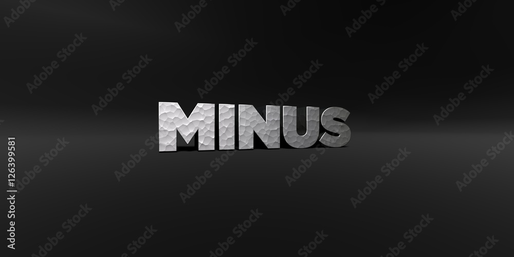 MINUS - hammered metal finish text on black studio - 3D rendered royalty free stock photo. This image can be used for an online website banner ad or a print postcard.
