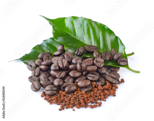 coffee beans , instant coffee and leaves on white background