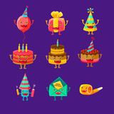 Happy Birthday And Celebration Party Symbols Cartoon Characters, Including Birthday Cake, Party Hat, Balloon, Party Horn And Fireworks