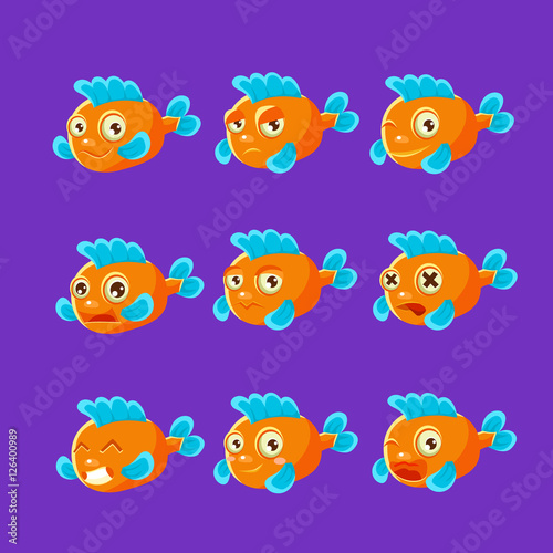 Cute Orange Aquarium Fish Cartoon Character Set Of Different Facial Expressions And Emotions