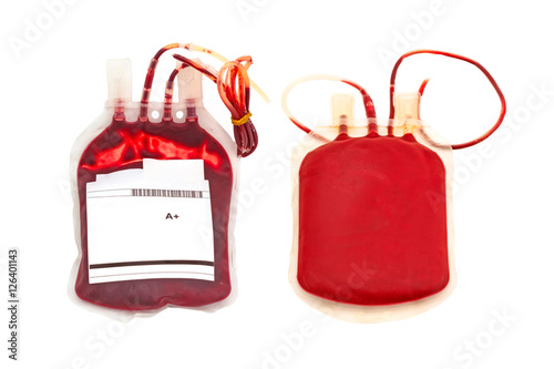 Close up blood and plasma group A and back side isolated on white background