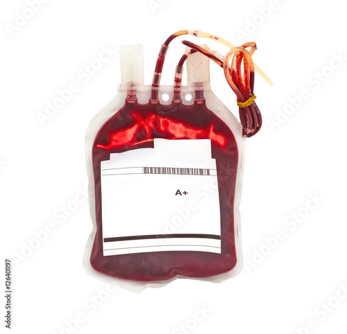 Close up bag of blood and plasma  group A and rubber tube isolated on white background.Saved with clipping path.