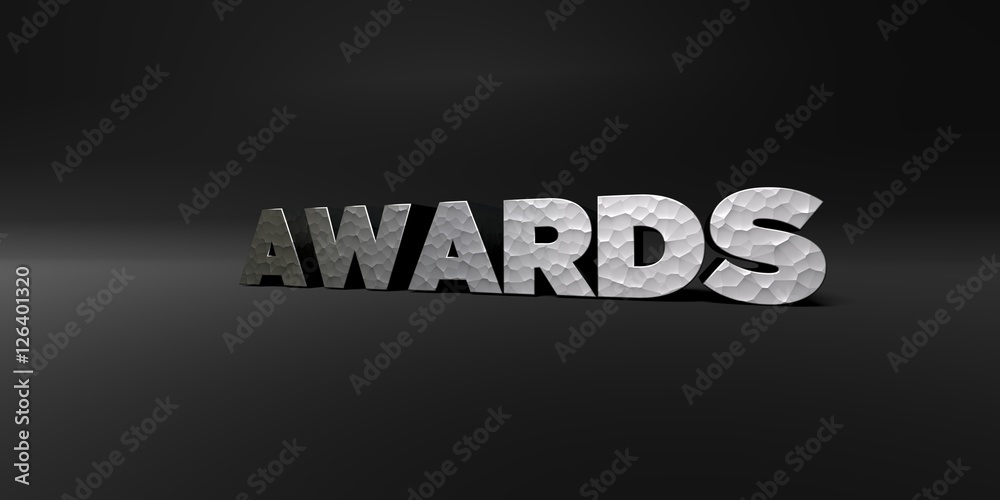 AWARDS - hammered metal finish text on black studio - 3D rendered royalty free stock photo. This image can be used for an online website banner ad or a print postcard.