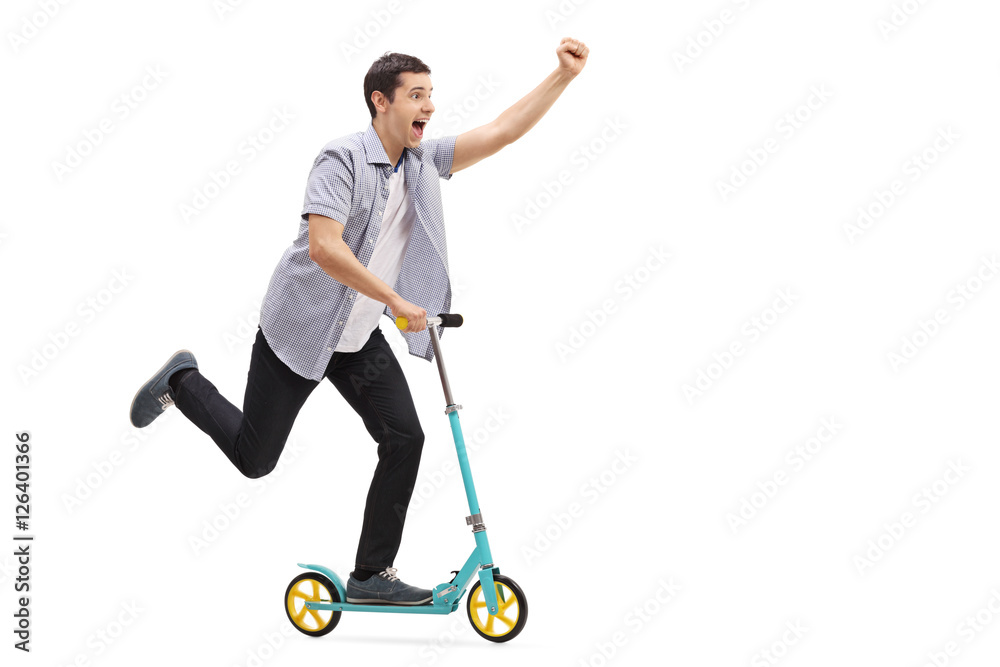 Happy guy riding a scooter