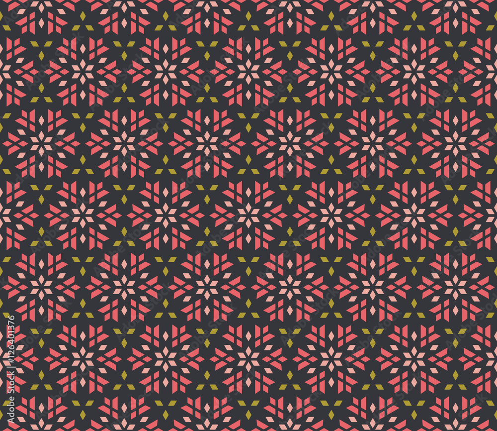 Seamless vector pattern of geometric flowers and leaves. It can be used for scrap-booking, textile and clothes printing, web design or packaging materials.