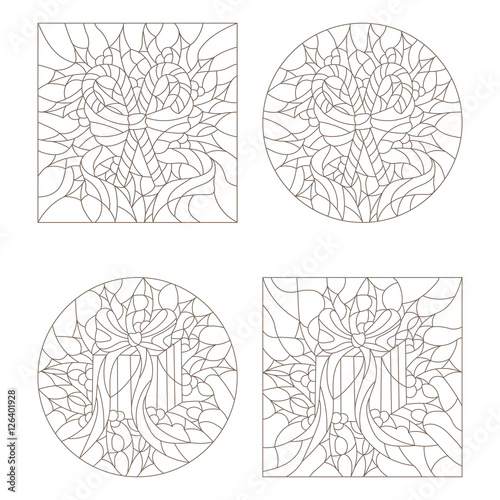Set contour illustrations of the stained glass Windows on the theme of new year and Christmas with gift and candy