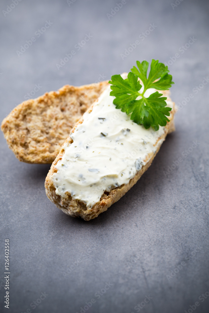 Crispbread with soft cheese with herbs and bacon. Crispbread with soft cheese with herbs and bacon.