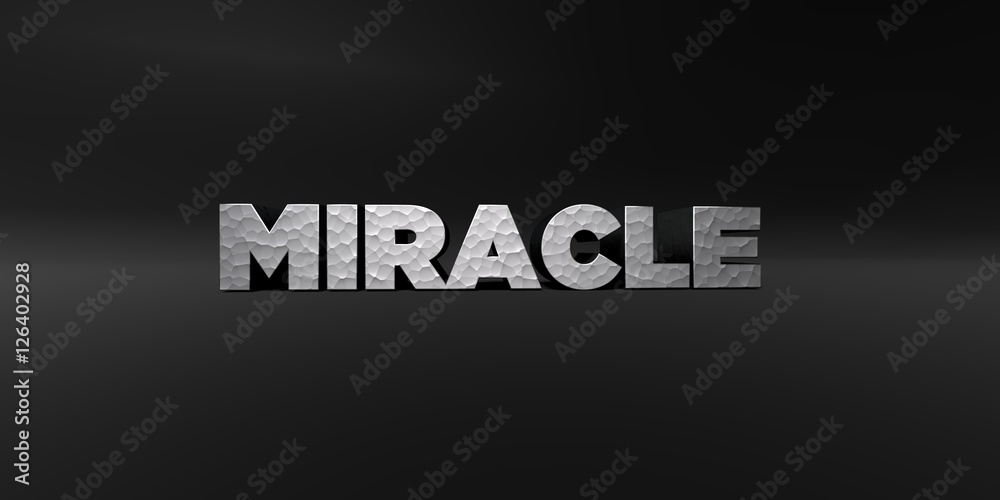 MIRACLE - hammered metal finish text on black studio - 3D rendered royalty free stock photo. This image can be used for an online website banner ad or a print postcard.