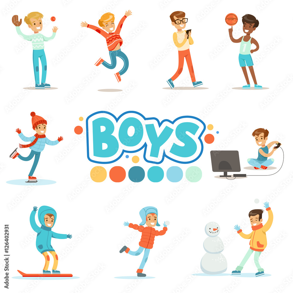 Happy Boys And Their Expected Normal Behavior With Active Games And Sport Practices Set Of Traditional Male Kid Role Illustrations