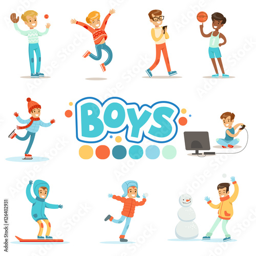 Happy Boys And Their Expected Normal Behavior With Active Games And Sport Practices Set Of Traditional Male Kid Role Illustrations