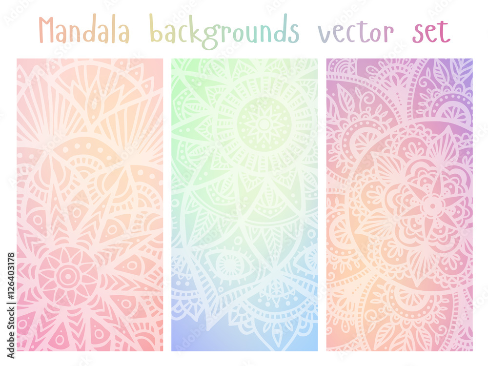 Cards set with mandala mehndi ornament in Indian style. Abstract background. Ethnic design for card, invitation, party, presentation, greeting, boho, wedding. Vector illustration. Cards set with mandala mehndi ornament in Indian style. Abstract background. Ethnic design for card, invitation, party, presentation, greeting, boho, wedding. Vector illustration.