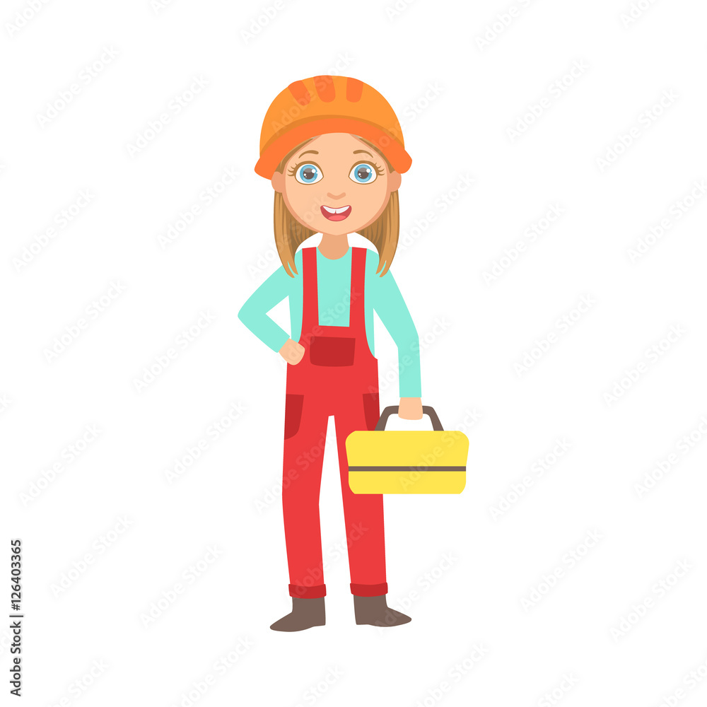 Girl Holding Metal Instrument Kit Box, Kid Dressed As Builder On The Construction Site Future Dream Profession Set Illustration Girl Holding Metal Instrument Kit Box, Kid Dressed As Builder On The Construction Site Future Dream Profession Set Illustration