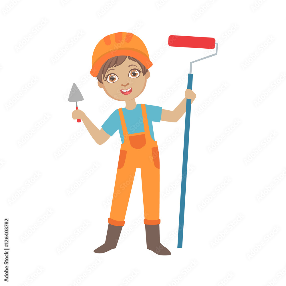 Boy With A Trowel And Painting Roll, Kid Dressed As Builder On The Construction Site Future Dream Profession Set Illustration Boy With A Trowel And Painting Roll, Kid Dressed As Builder On The Construction Site Future Dream Profession Set Illustration