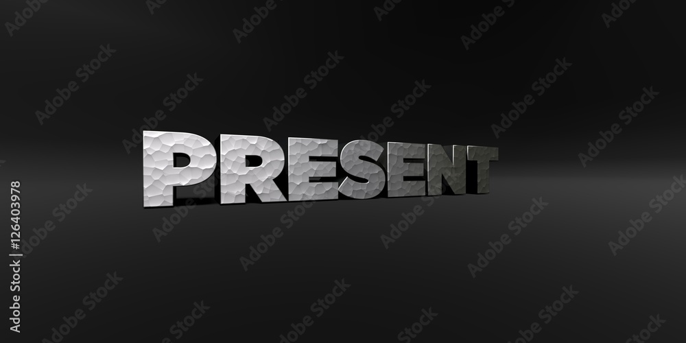 Obraz premium PRESENT - hammered metal finish text on black studio - 3D rendered royalty free stock photo. This image can be used for an online website banner ad or a print postcard.