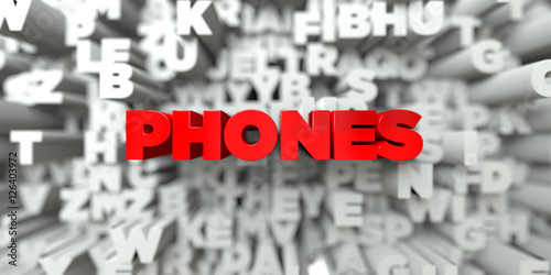 PHONES -  Red text on typography background - 3D rendered royalty free stock image. This image can be used for an online website banner ad or a print postcard.