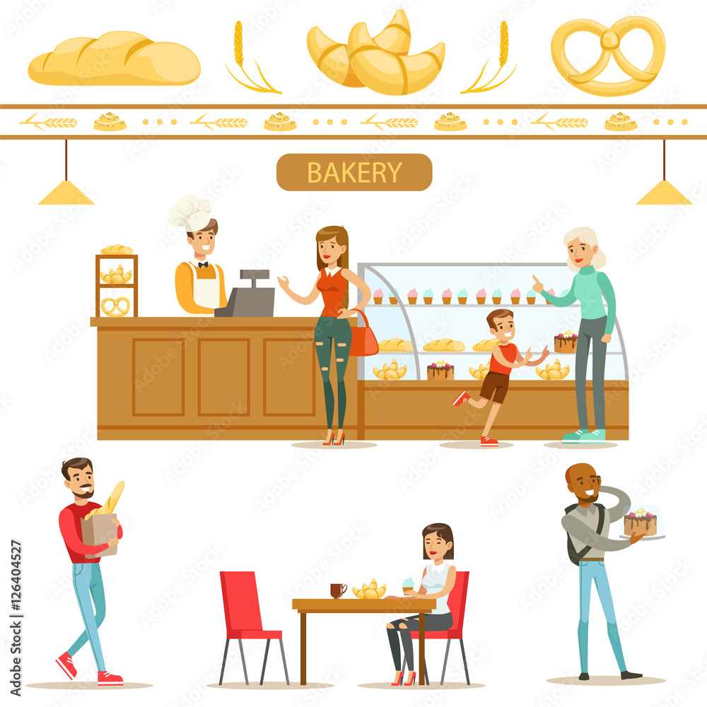 Interior Design And Happy Clients Of A Bakery Set Of Illustrations Interior Design And Happy Clients Of A Bakery Set Of Illustrations