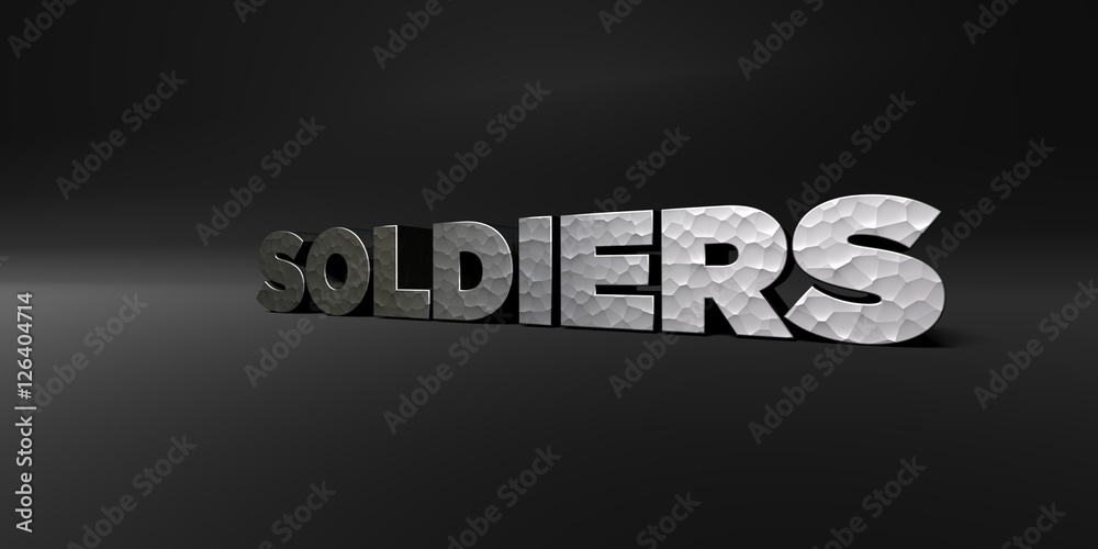SOLDIERS - hammered metal finish text on black studio - 3D rendered royalty free stock photo. This image can be used for an online website banner ad or a print postcard.