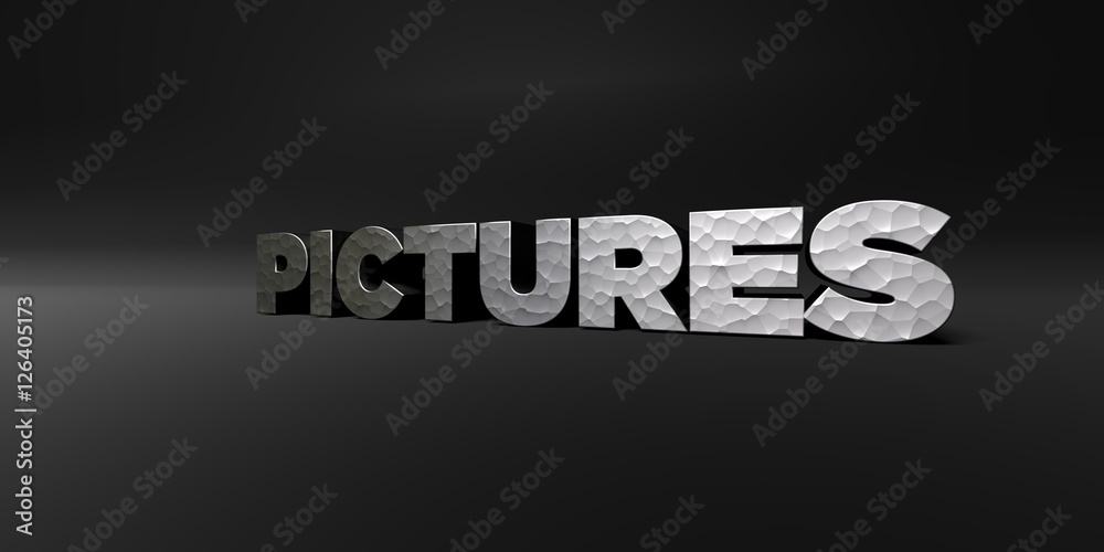 PICTURES - hammered metal finish text on black studio - 3D rendered royalty free stock photo. This image can be used for an online website banner ad or a print postcard.
