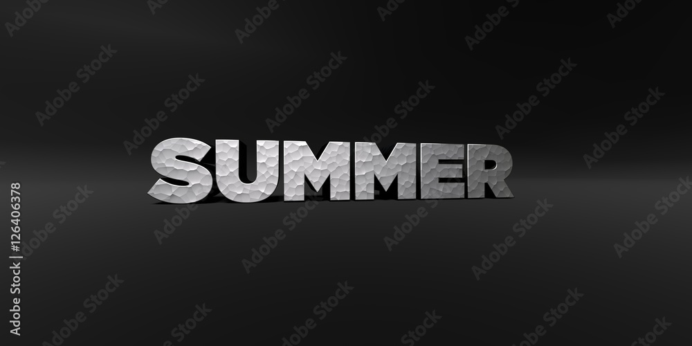 SUMMER - hammered metal finish text on black studio - 3D rendered royalty free stock photo. This image can be used for an online website banner ad or a print postcard.