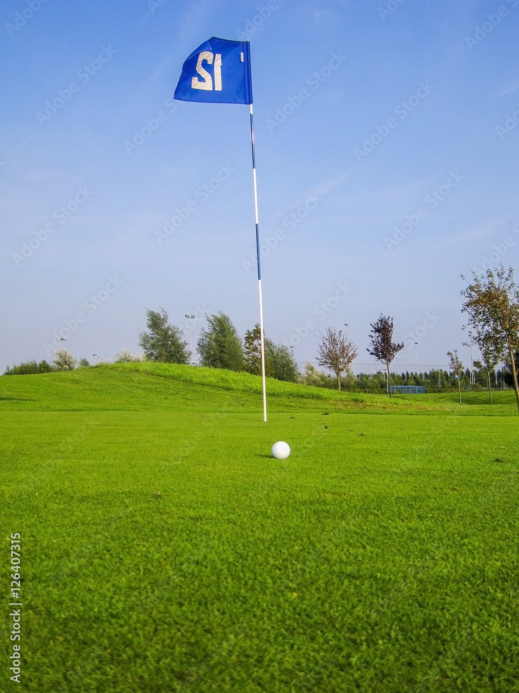 Obraz premium golf ball near hole with flag and number