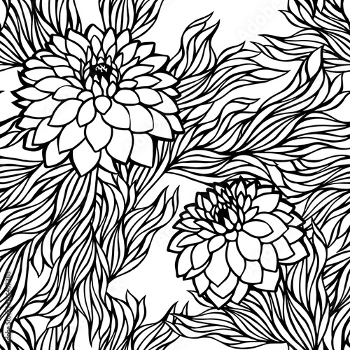 Vector seamless floral pattern black and white monochrome