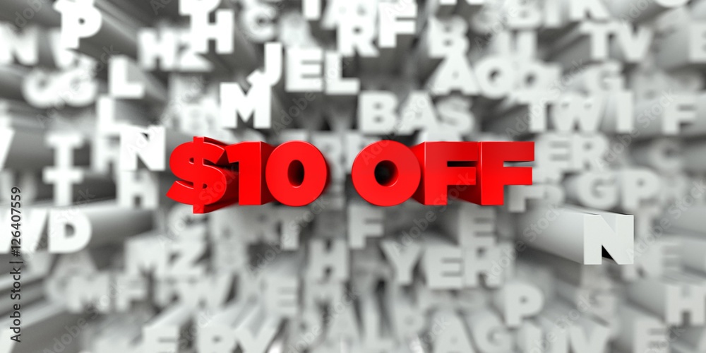 $10 OFF - Red text on typography background - 3D rendered royalty free stock image. This image can be used for an online website banner ad or a print postcard. $10 OFF - Red text on typography background - 3D rendered royalty free stock image. This image can be used for an online website banner ad or a print postcard.