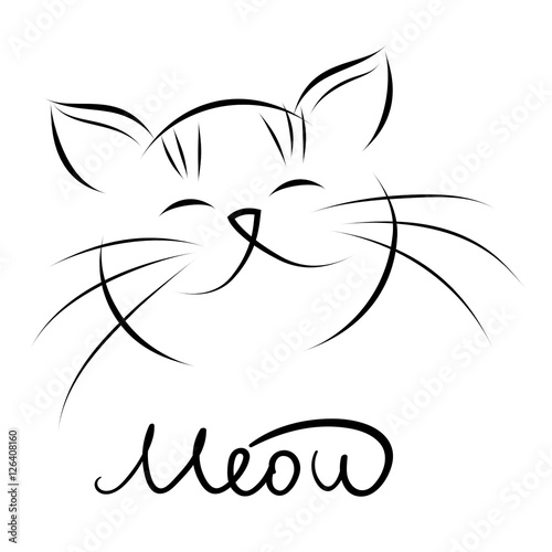 Head of cat with hand lettering word 'Meow' on white background. Vector illustration.