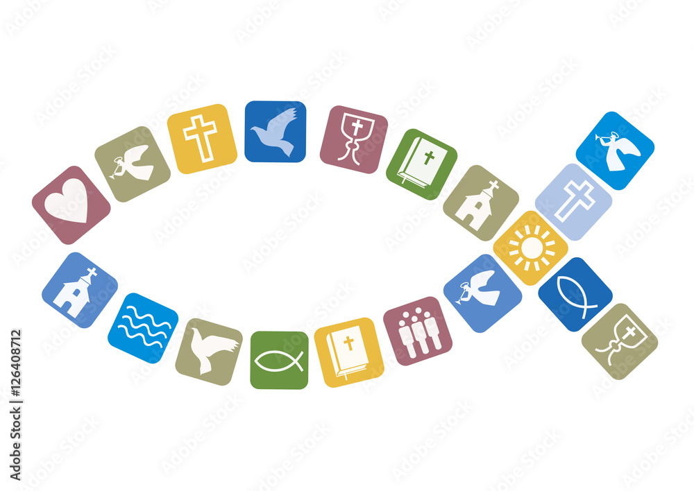 Fish symbol with christian symbols.
Christian fish symbol with other Christian symbols. Vector available.
Fish symbol with christian symbols.
Christian fish symbol with other Christian symbols. Vector available.