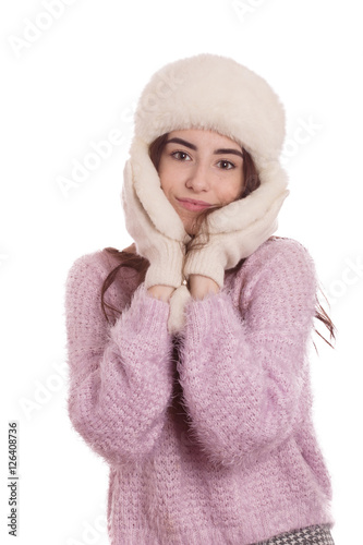happy woman in winter clothes isolated on white background