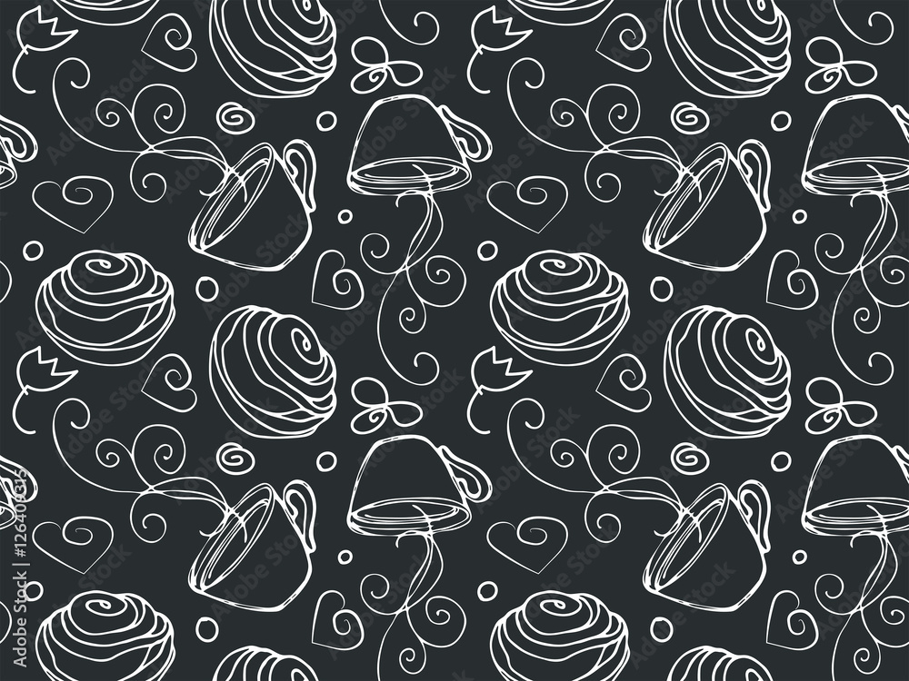 Black and white cookie and tea seamless pattern. Line vintage icons,sweet elements background formenu,cafe shop. Flat hand drawn vintage collection. Backdrop,fabric,wallpaper Black and white cookie and tea seamless pattern. Line vintage icons,sweet elements background formenu,cafe shop. Flat hand drawn vintage collection. Backdrop,fabric,wallpaper