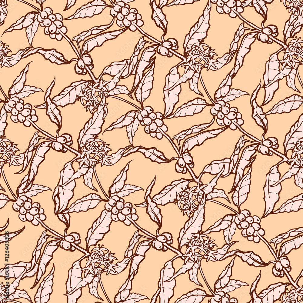 Seamless coffee background with branch of coffee and coffee beans. Hand ...