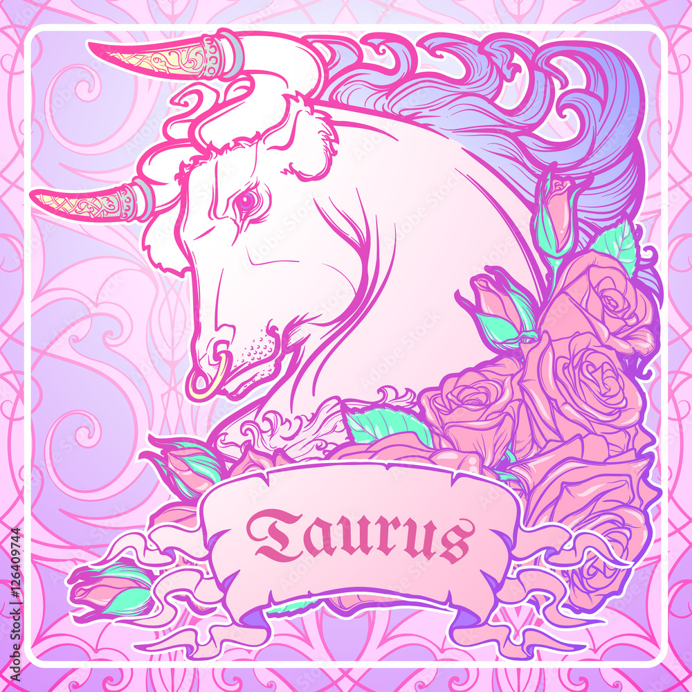 Zodiac sign of Taurus. with a decorative frame of roses Astrology concept art. Tattoo design. Sketch in pastel pallette isolated on elegant pattern background. EPS10 vector illustration.