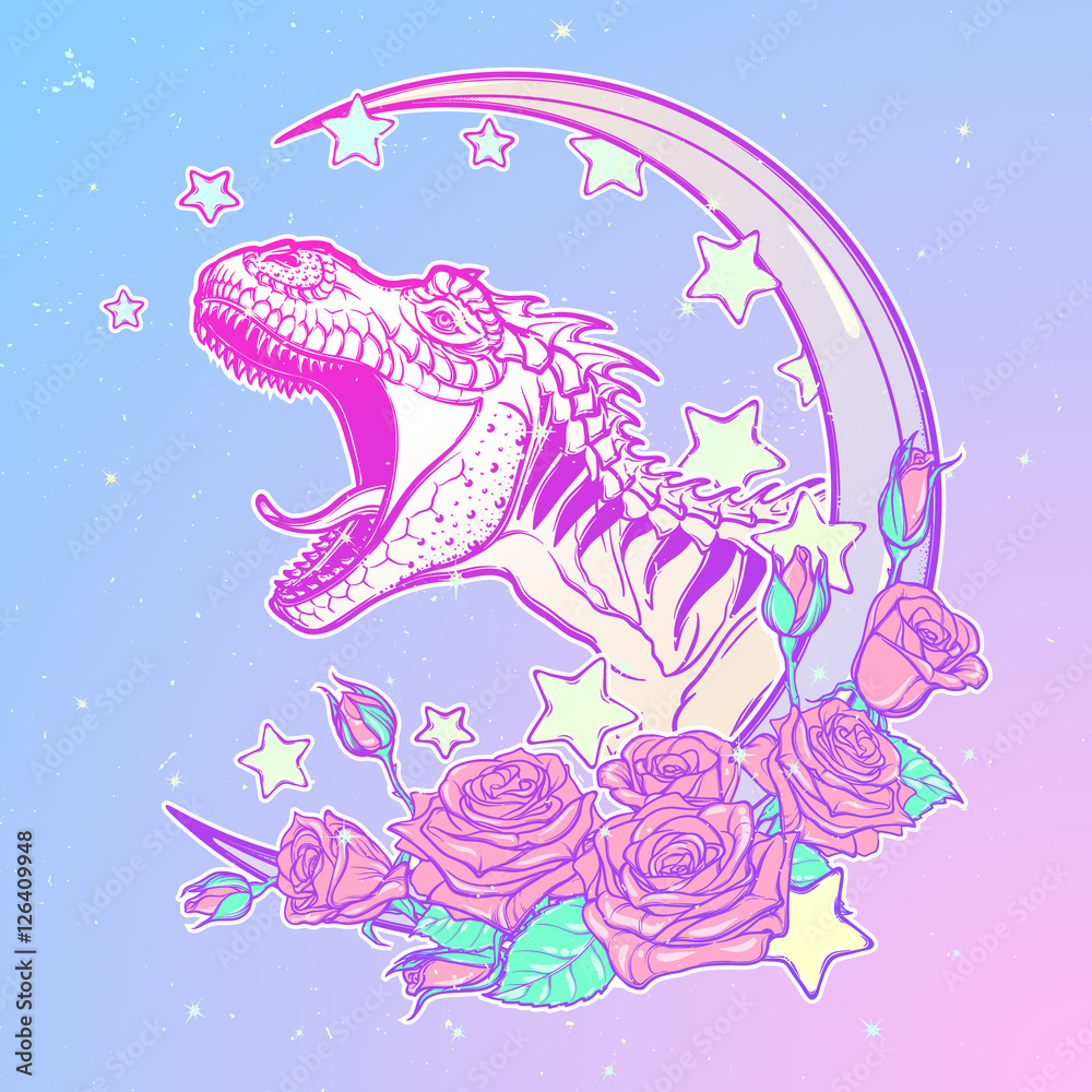 Detailed sketch style drawing of the roaring tyrannosaurus rex on Kawaii Moon and roses frame. Tattoo design. Concept art drawing. Pastel goth pallette. EPS10 vector illustration.