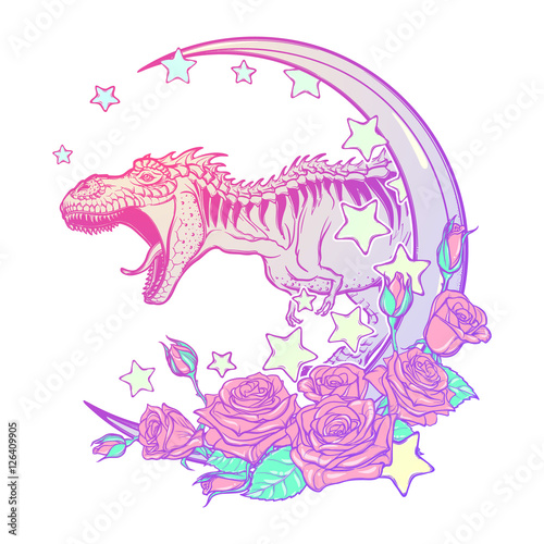 Detailed sketch style drawing of the roaring tyrannosaurus rex on Kawaii Moon and roses frame. Tattoo design. Concept art. Pastel goth pallette. EPS10 vector illustration isolated on white background.