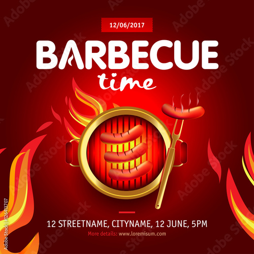 Barbecue time party design with fire on shield, Barbecue invitation. Barbecue logo. BBQ template menu design. Barbecue Food flyer. Barbecue advertisement. Barbecue ad design.