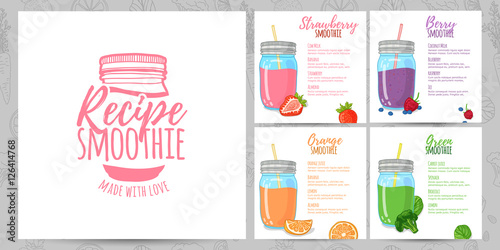 Template design banners, brochures, menus, flyers smoothie recipes. Design menu with recipes and ingredients for a smoothie. Recipes of cocktails made from fruits, vegetables and herbs. Vector