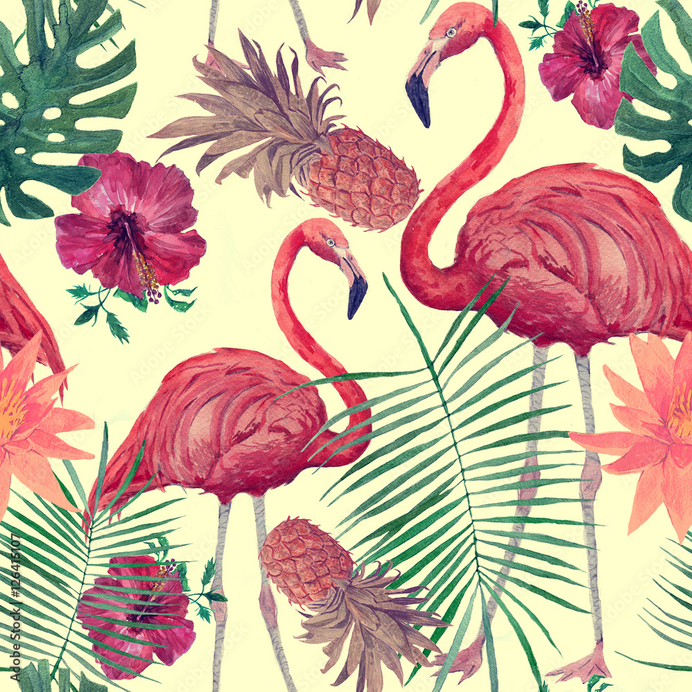 Obraz Akwarela wzór z flamingo, liści, kwiatów. Hanad wyciągnął.