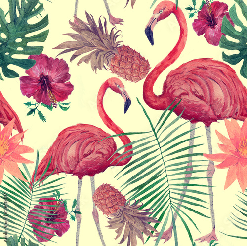 Obraz na płótnie Akwarela wzór z flamingo, liści, kwiatów. Hanad wyciągnął.