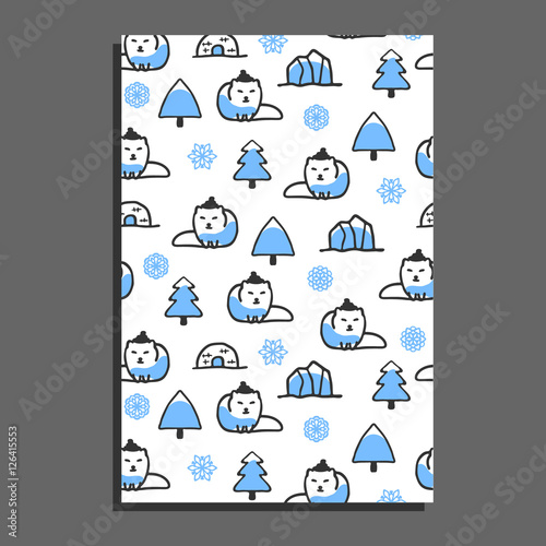 Greeting card template with cute cartoon polar fox. Vector doodle fox and icebergs. Arctic animal wears scarf